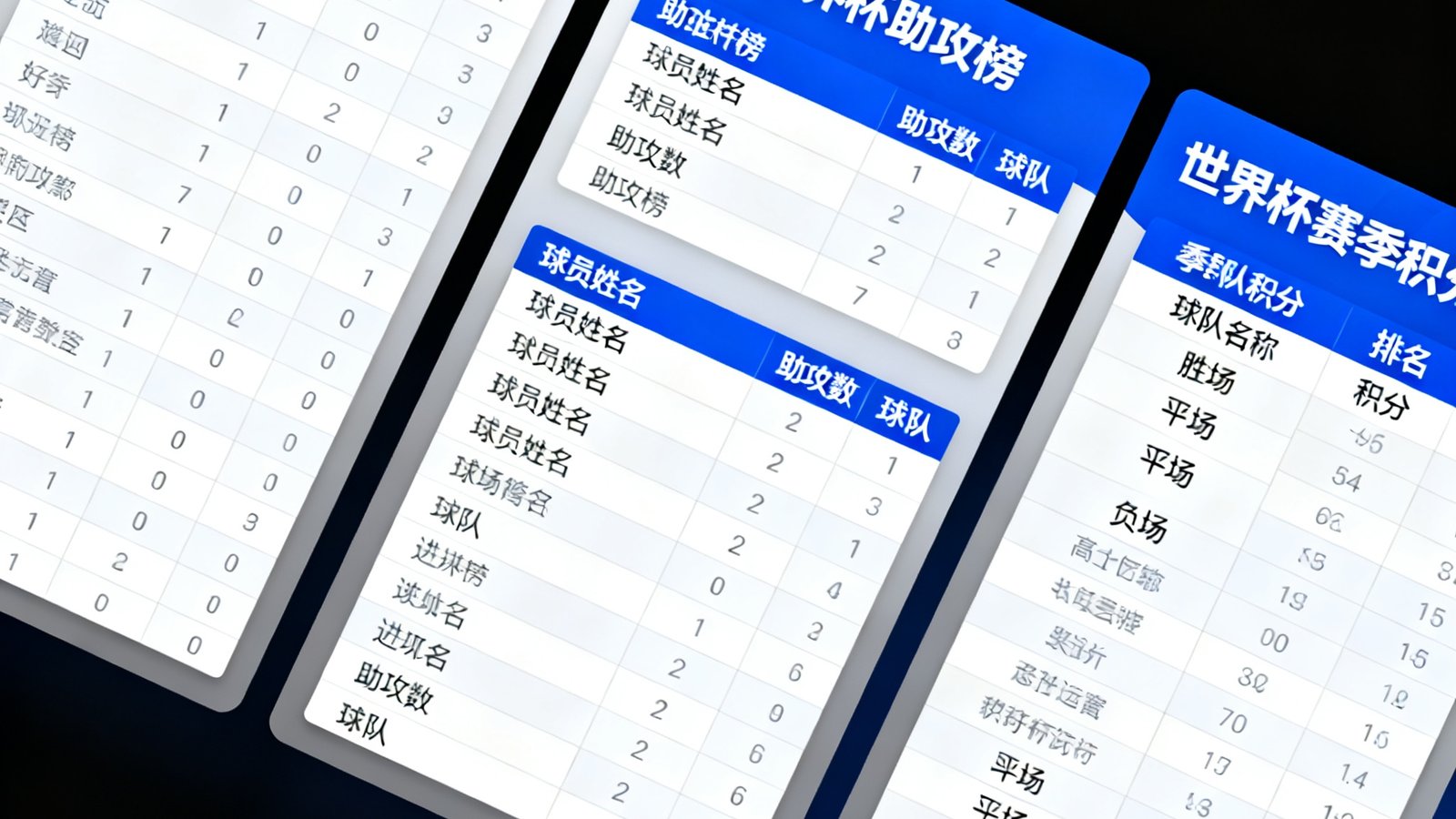 世界杯数据统计界面包含射手榜、助攻榜及赛季积分排名